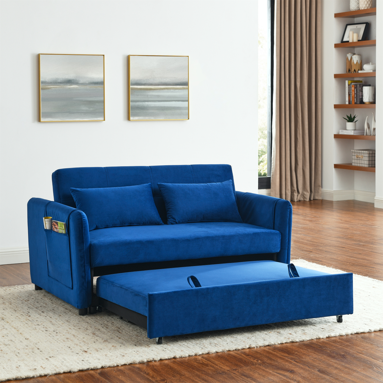 Elegant Blue Velvet Convertible Sofa Bed 3in1 Versatility, Pullout