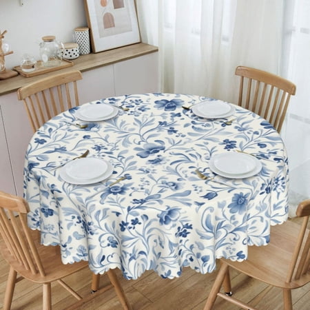 Elegant Blue And White Chinoiserie Floral Seamless Pattern Round Tablecloth Waterproof Oil Proof Spill Proof Table Cloth 70" for Camping, Dining, Indoor and Outdoor Table Cover