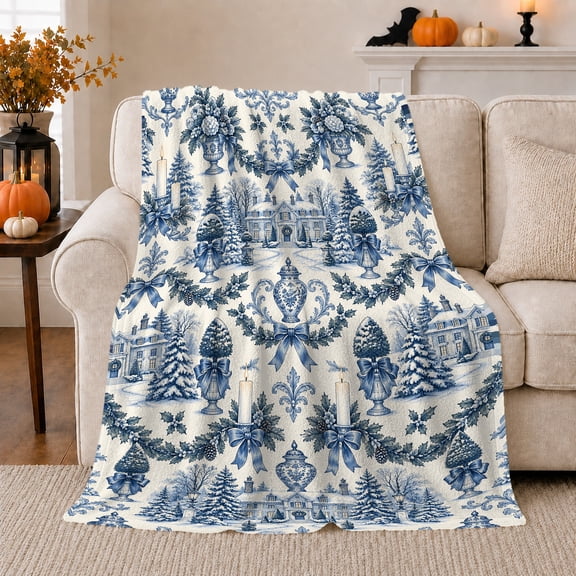 Elegant Blue White Toile Winter Estate Christmas, Festive Holiday Scene, Warm Flannel Blanket for Living Room and Family Room, Art Lovers Housewarming Gift, Festive Home Decor
