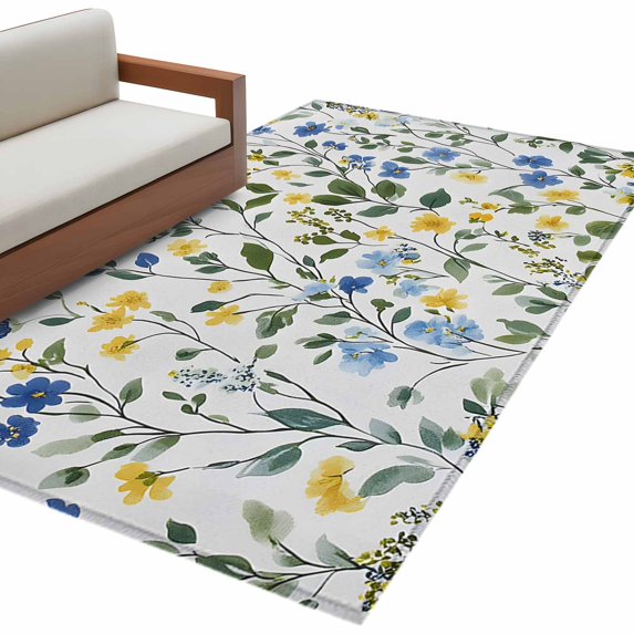 Fairview Spring Blue Rug Elegant Blue Yellow Spring Floral 3'x5' Washable Rug, Summer Botanical ...