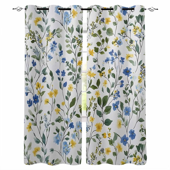 Elegant Blue Yellow Spring Floral Blackout Curtains 45 Inches Long,Thermal Insualted Grommet Curtains & Drapes,Summer Botanical Green Room Darking Curtains for Living Room Bedroom 2 Panels 52"W x45"L