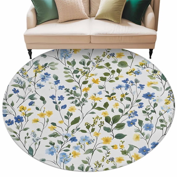 Elegant Blue Yellow Spring Floral Large Area Rugs for Bedroom Living Room, Soft Non Slip Carpet Bedside Rug, Summer Botanical Green Round Floor Cover Kitchen Accent Rug 8' for Dining Room/Office