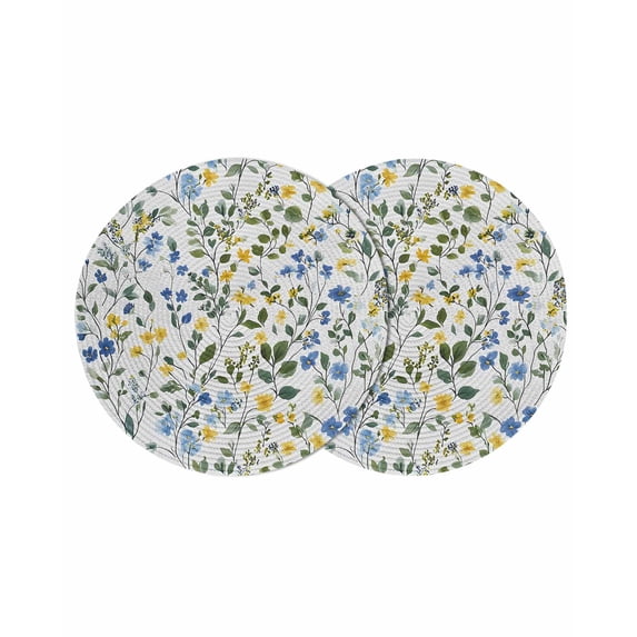 Elegant Blue Yellow Spring Floral Round 15 Inch Placemats Set of 2, Summer Botanical Green HeatResistant Non Slip Place Mats for Dining Table, Wipeable Braided Kitchen Table Mats for Housewarming