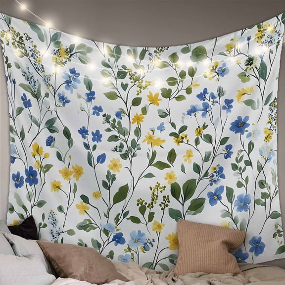Elegant Blue Yellow Spring Floral Small Tapestry for Bedroom Wall Hanging Tapestry,Summer Botanical Green Ceiling Backdrop Tapestries Poster Blanket Wall Decor for Teens Room Living Room 23" x 28"
