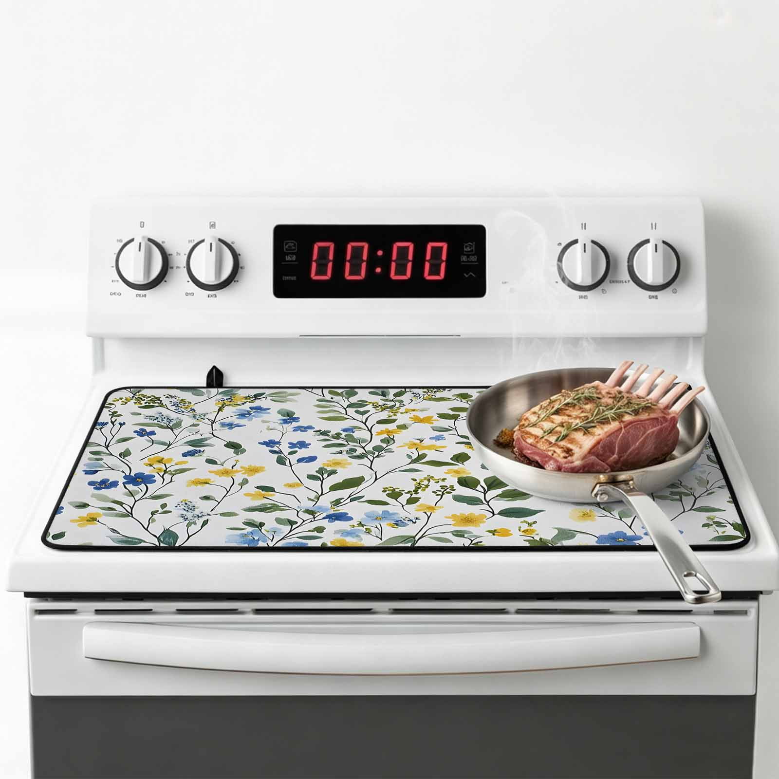 Elegant Blue Yellow Spring Floral Stove Top Cover for Electric Stove, Heat-proof & Non Slip Glass Top Stove Cover Protector, Summer Botanical Green Kitchen Flat Cooktop Rubber Mat 24x21 Inches
