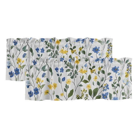 Elegant Blue Yellow Spring Floral Valances for Windows, Light Filtering Kitchen Curtain Valances 2 Panels, Summer Botanical Green Rod Pocket Short Window Treatments for Living Room Bedroom 42"Wx12"L