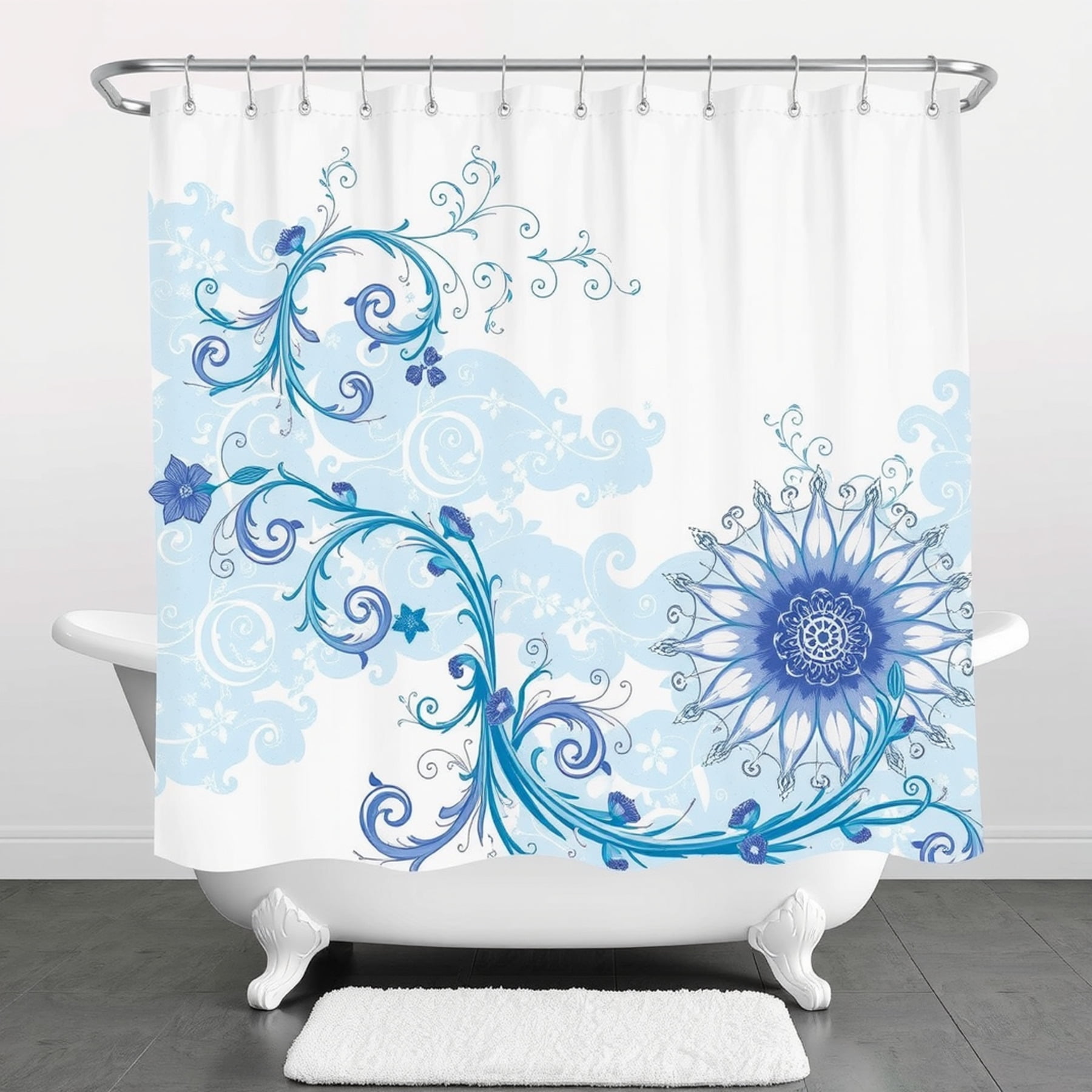 Elegant Blue and White Floral Shower Curtain for - Swirls Design Fits ...