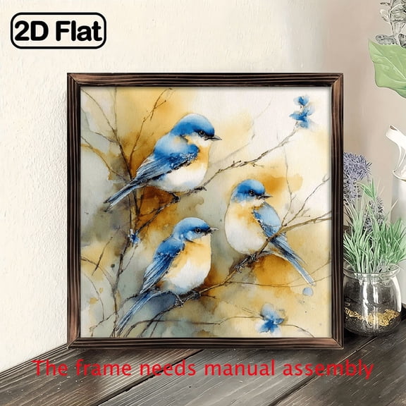 Elegant Bluebird Art Print, 8x8 Inch Framed Wall Decor, Watercolor Birds on Branches Design, Wood Frame, Ideal for Living Room, Bedroom, Bathroom - Perfect Mother'S Day Gift, Bird Decor