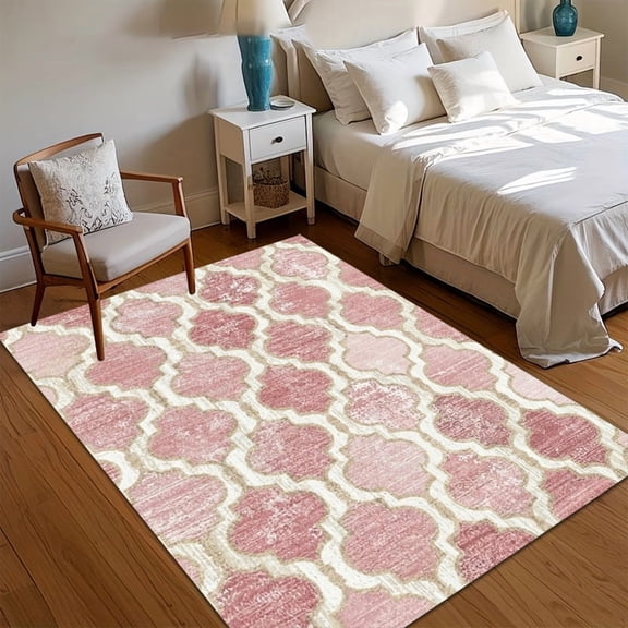 Elegant Blush Pink Quatrefoil Area Rug with Distressed Finish Non Slip Floor Carpet for Nursery Bedroom Living Room