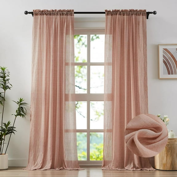 Elegant Blush Pink Sheer Curtains 96 Inches Long for Bedroom, Living Room Cotton Linen Textured Light Filtering Semi Sheer Drapes Natural Voile Curtains Rod Pocket, W52 x L96 in, 2 Panels