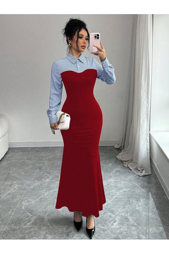 Elegant Bodycon AB Paneled High Slit Long Sleeve Open Cuff Fish Hem Stripe Mixed Knit Dress For Women, Autumn/Winter Maxi Women Outfit