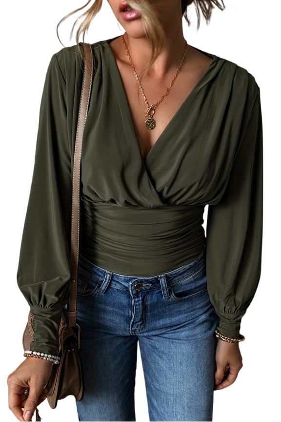 Elegant Bodysuit with Ruched Detailing - Moss Green - [ZhiHiMeRi] | (US 8-10)M
