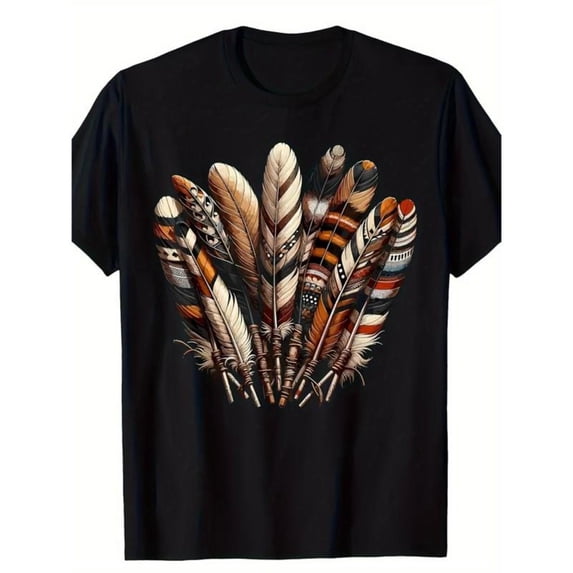 Elegant Boho Feather Themed Patterned Tee,Tops Boasts Intricate Feather Cluster Illustration, Round Neck Regular Fit T - shirts, Size(S - 5XL)