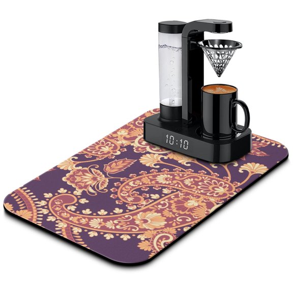 Elegant Boho Paisley Dish Drying Mat, Colorful Floral Abstract Absorbent Coffee Bar Mat, Classic Chic Kitchen Counter Protector