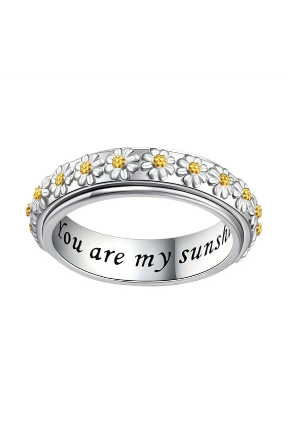 Elegant Boho Style 4g S925 Silver Ring with Daisy Flower Design, Engraved 'You Are My Sunshine' Inscription, Simple No-Mosaic Daily Wear Jewelry, Ideal for Gift-Giving and All Seasons,Silver