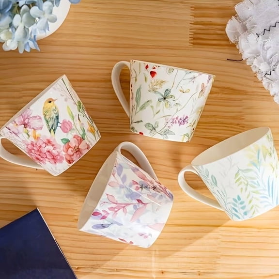 Elegant Bone China Mug 450ml Large Capacity Coffee Tea Cup with Exquisite Bird and Flower Design Microwave Dishwasher Safe