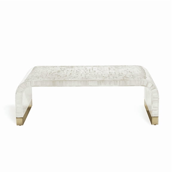 RUDRAKSHA CORPORATION Bone Inlay Coffee Table, Cream Mosaic Pattern with Brass-Capped Feet, Handmade Curved Leg Design, Elegant Living Room Furniture.