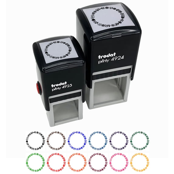 Elegant Botanical Circle Frame Wreath Self-Inking Rubber Stamp Ink Stamper - Brown Ink - Small 1 Inch