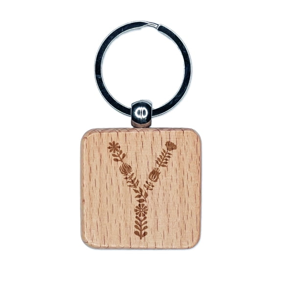 Elegant Botanical Floral Letter Y Square Keychain Charm Tag - Engraved Wood