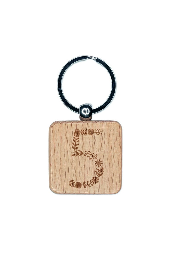 Elegant Botanical Floral Number 5 Square Keychain Charm Tag - Engraved Wood
