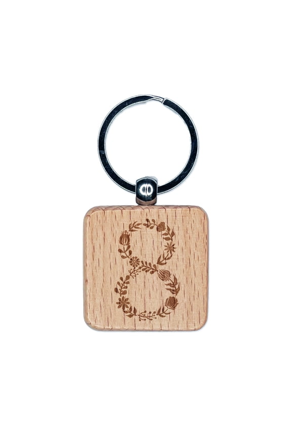 Elegant Botanical Floral Number 8 Square Keychain Charm Tag - Engraved Wood