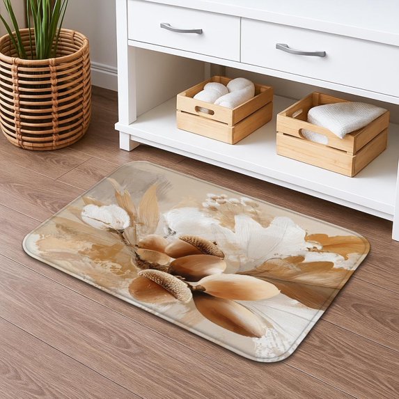 Elegant Botanical Quick Dry Memory Foam Bath Mat, Non Slip Soft Beige Floral Pattern, Washable Bathroom Shower Rug 16x24 Inch