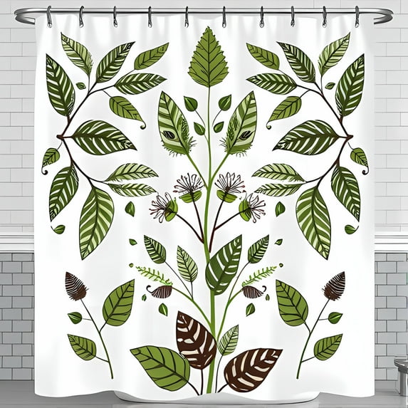Elegant Botanical Shower Curtain with Stylized Leaves & Flowers Modern Green & Brown Design on White Background