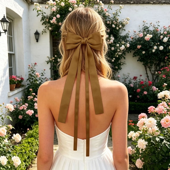 Elegant Bow Hair Accessory for Girls and with Flowing Ribbon Ties Headband for Everyday Wear and Seasonal Styling, Brown