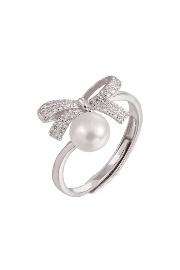 Elegant Bow Knot Pearl Ring, Sterling Silver with Freshwater Pearl & Crystal Accents, Open Stackable Wedding Promise Ring for Christmas Birthday Prom