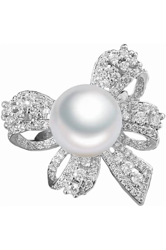 Elegant Bow Knot Pearl Rings for Women Rhinestone CZ Crystal Butterfly Tie Open Statement Ring Promise Engagement Rings Anniversary Wedding Band Jewelry