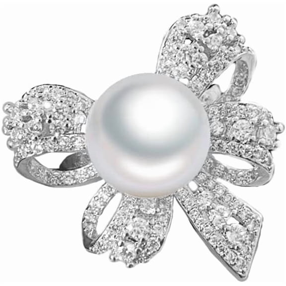 Elegant Bow Knot Pearl Rings for Women Rhinestone CZ Crystal Butterfly Tie Open Statement Ring Promise Engagement Rings Anniversary Wedding Band Jewelry