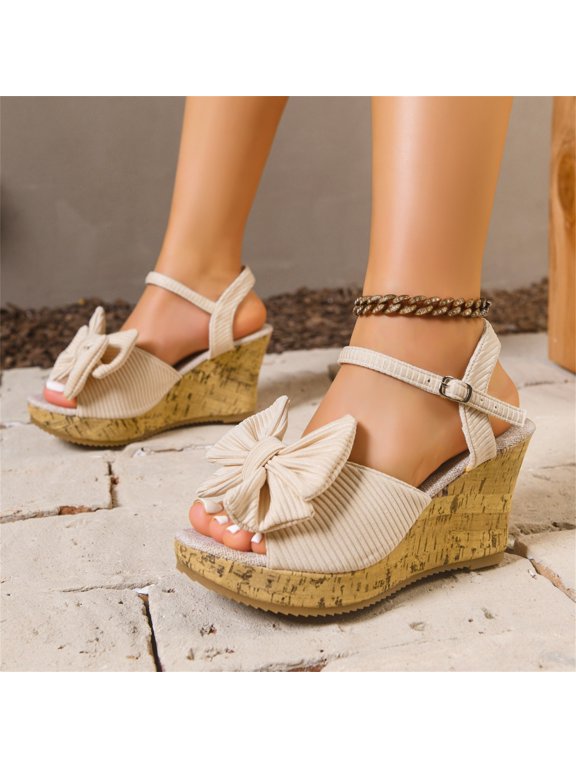 Elegant Bow Wedge Sandals Corduroy Buckle Ankle Strap Cork Platform Height Increasing Daily Commute Date Beach Heels Beige 36