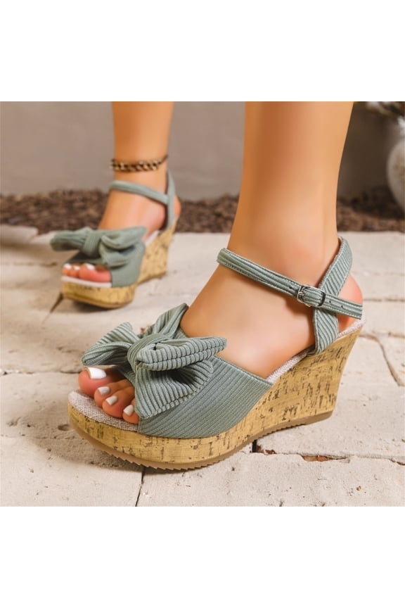 Elegant Bow Wedge Sandals Corduroy Buckle Ankle Strap Cork Platform Height Increasing Daily Commute Date Beach Heels Green 36
