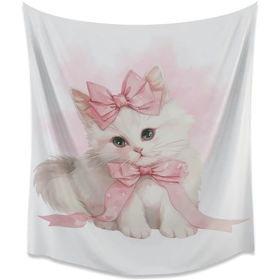 Elegant Bow White Kitten Tapestry Pink Coquette Watercolor Animal Aesthetic Tapestries Trendy Preppy Y2k Cat Painting Wall Hanging for Nursery Girly Room Dorm Apartment Wall Decorwhite30x40inch