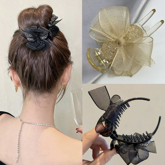 Elegant Bowknot Decor Shining Rhinestone Hair Clip Solid Color Ribbon Ponytail Holder Lazy Bun Hair Pin Hair Accessories
