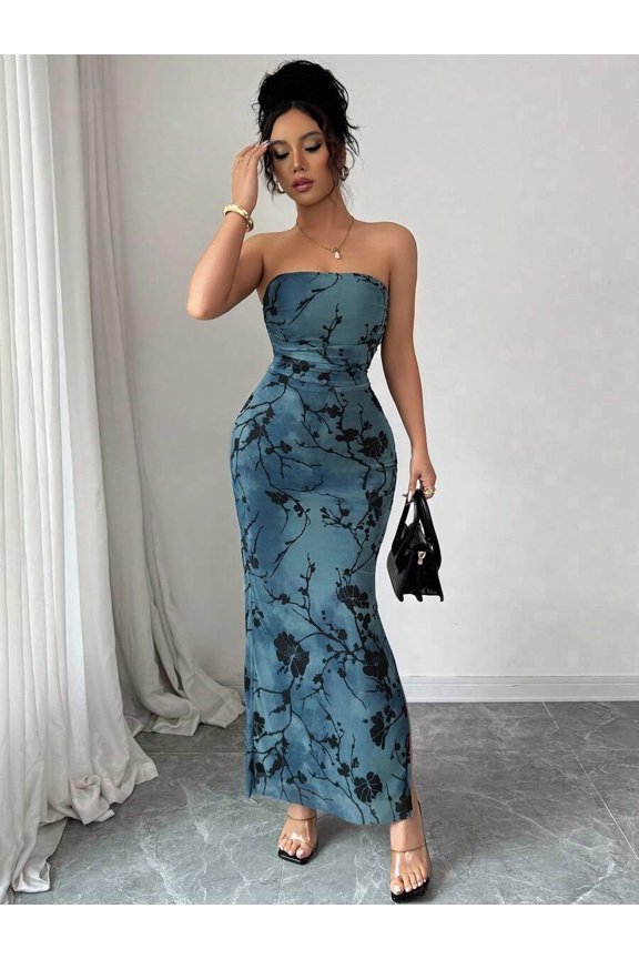 Elegant Branch Floral Print Bustier Ruched Fitted Bodycon Wrap Long Dress