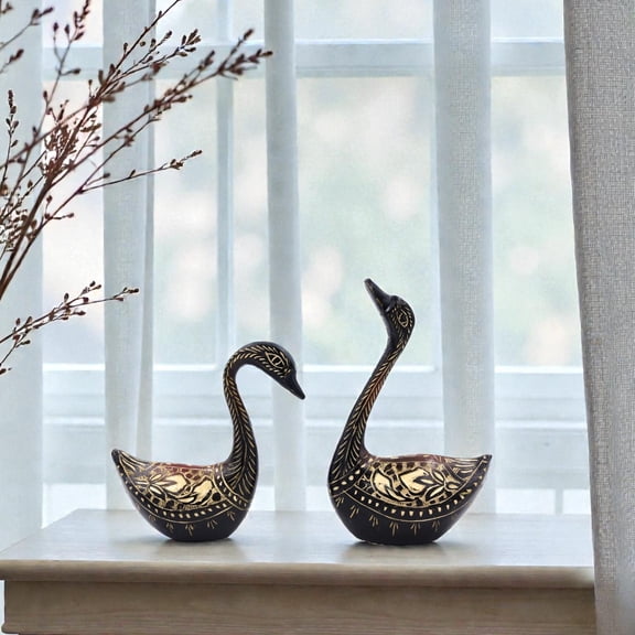 Elegant Brass Swan Duo with Intricate Floral Designs Rich Brown & Gold Finish for Home Decor