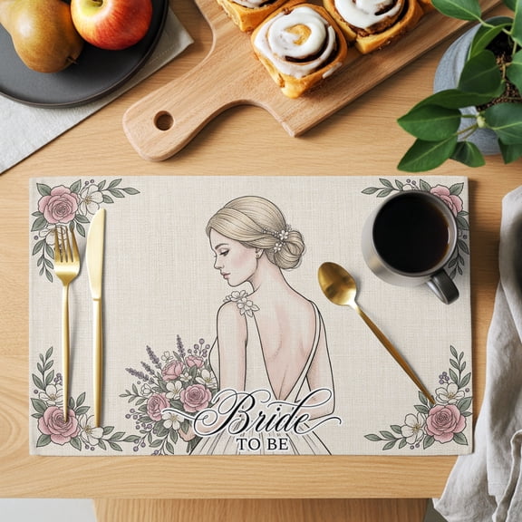 Elegant Bridal Placemats Set of 2, Romantic Wedding Art Pink Rose Floral Frame Vintage Non-Slip Place Mats Washable Table Mats for Kitchen Dining Table Decorations Indoor/Outdoor
