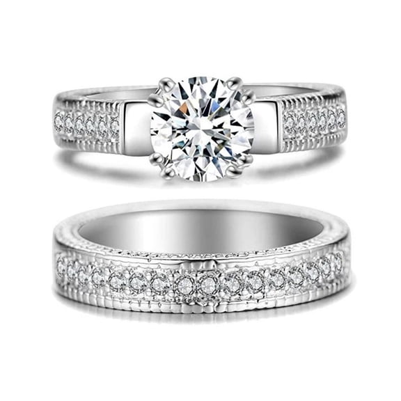 Elegant Bridal Set Women's Engagement Ring, Pave Set Half Eternity Wedding Ring, 2.2 Ct Round Cut Simulated Diamond, 14K White Gold Plated, Stackable Promise Proposal Ring For Her Special Occasion