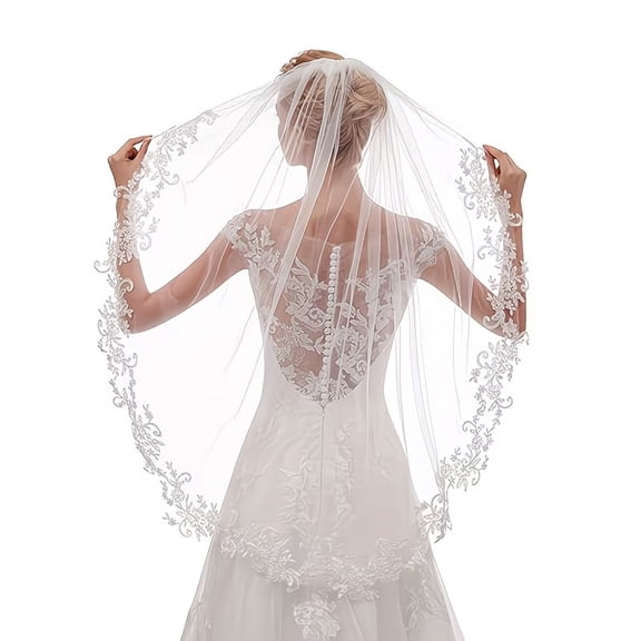Elegant Bridal Veil - Single Layer White Tulle with Floral Embroidery Edge for Weddings and Parties