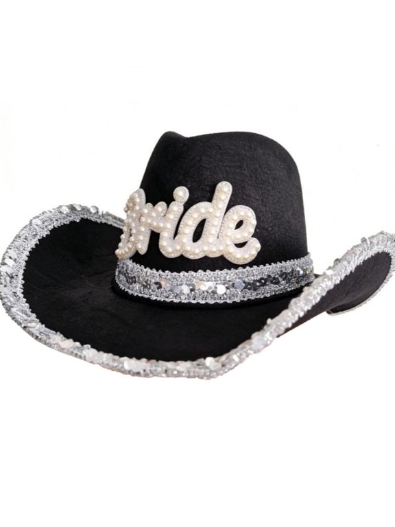Elegant Bridal Western Cap with Sequined Trim Sparkling Wide Brims Hat for Various Occasion Bachelorette Party Photo Pro