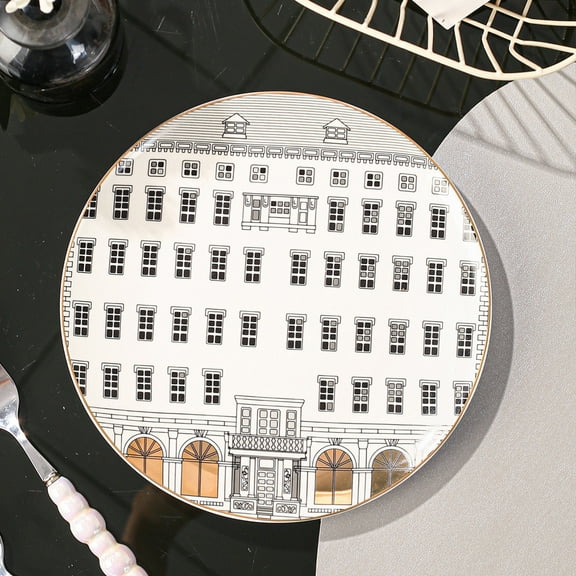 Elegant British Bone China Breakfast Plate with Golden Accents - Round Ceramic Dish for Kitchen & Dining