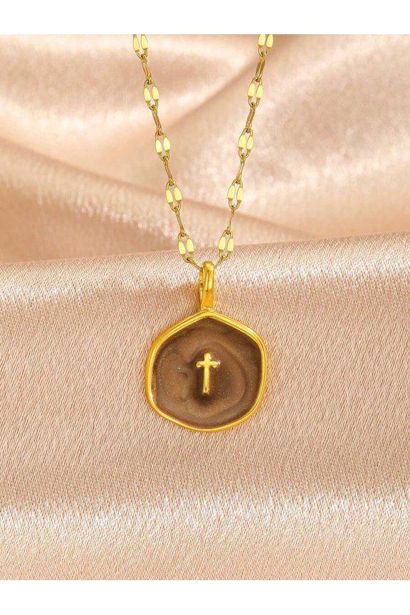 Elegant Brown Enamel Cross Pendant Necklace, Gold-Tone Stainless Steel, Minimalist Religious Jewelry For Daily Wear