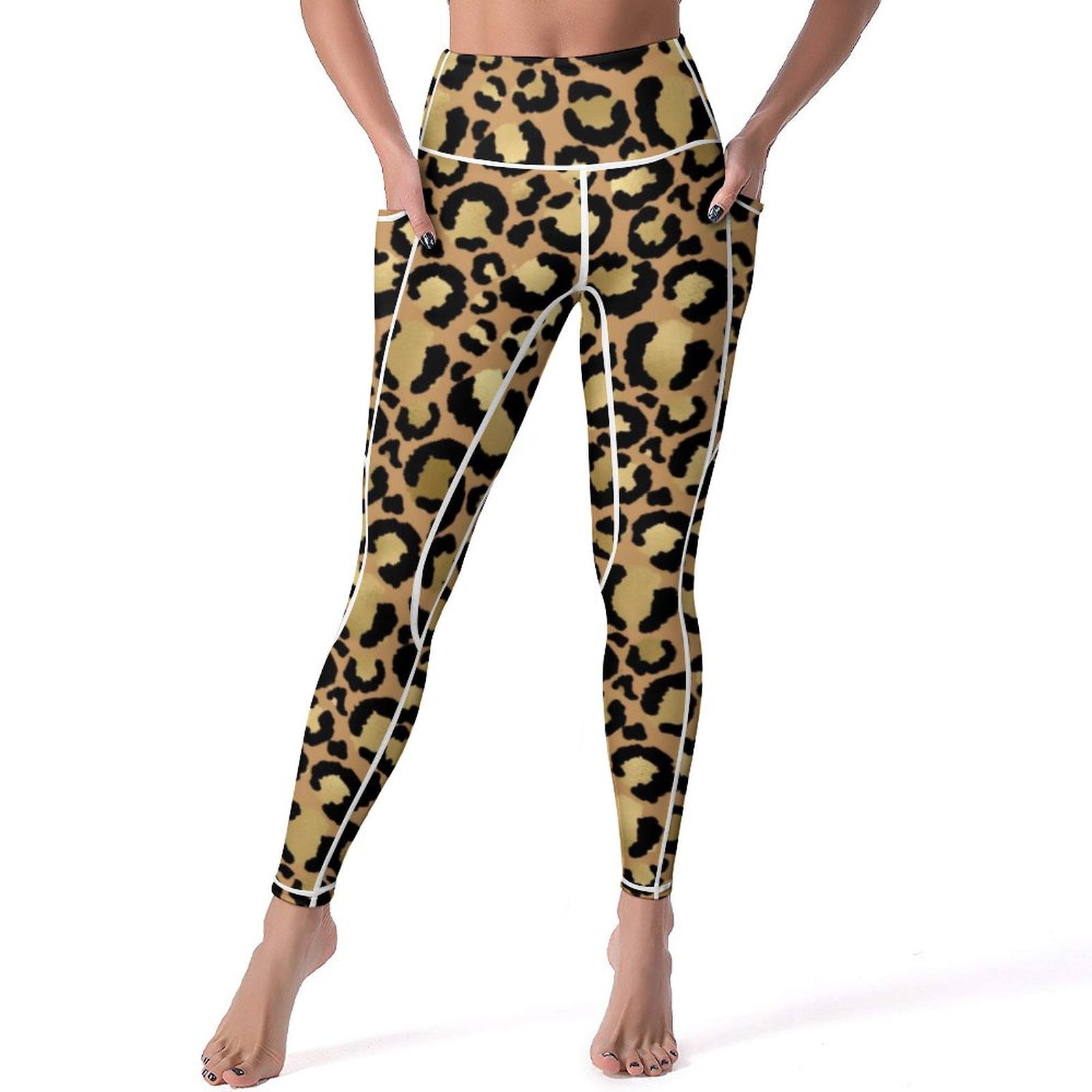 Elegant Brown Leopard Leggings Pockets Wild Animal Print Custom Yoga