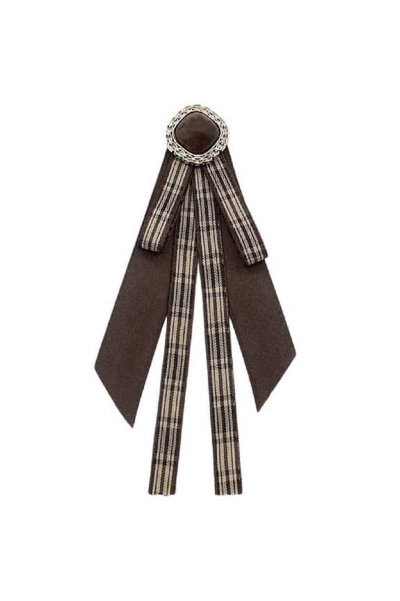 Elegant Brown Plaids Retro Bowtie Preppy Uniform Pre Tied Necktie Brooch Pin