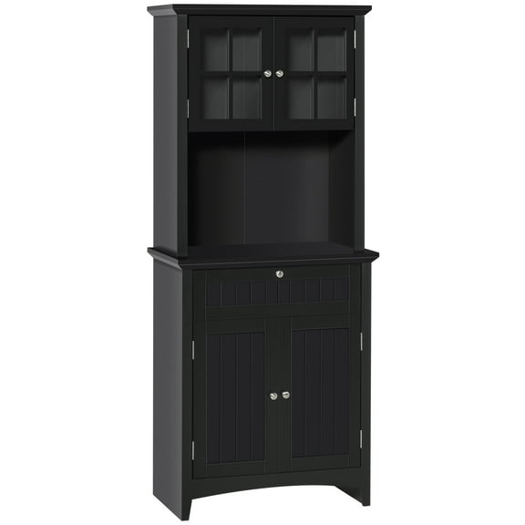 Elegant Buffet with Hutch, Kitchen Pantry Storage Cabinet, Framed Glass Door Drawer & Microwave Space, Black