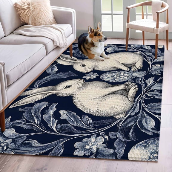 Elegant Bunny Easter Area Rug 4x6 Washable Rug Non Slip Pastoral Spring Floral Large Area Rug Indoor Floor Carpet for Entryway Bedroom Kitchen Living Room Home Office Dining Room Nursery