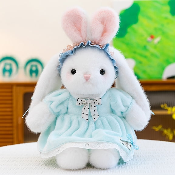 Elegant Bunny Rabbit Plush Toy Soft Long Ear Stuffed Animal with Lace Dress and Bow Accessory for Holiday Birthday Gift, Blue 11 Inch