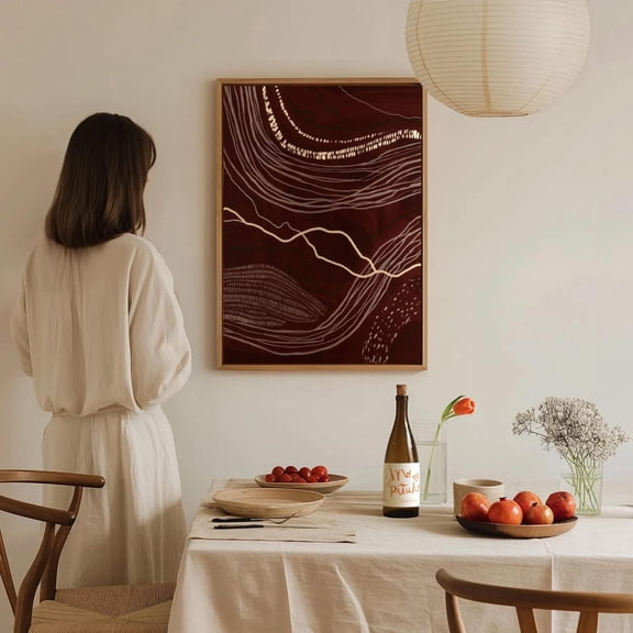 Elegant Burgundy Brown Wall Art Abstract Line Art Wabi Sabi Wall Decor Minimalist Japandi Modern Living Room Art