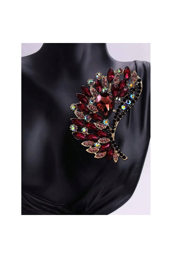 Elegant Burgundy Crystal Feather Brooch With Goldtone Setting MM-bR-0102-sL
